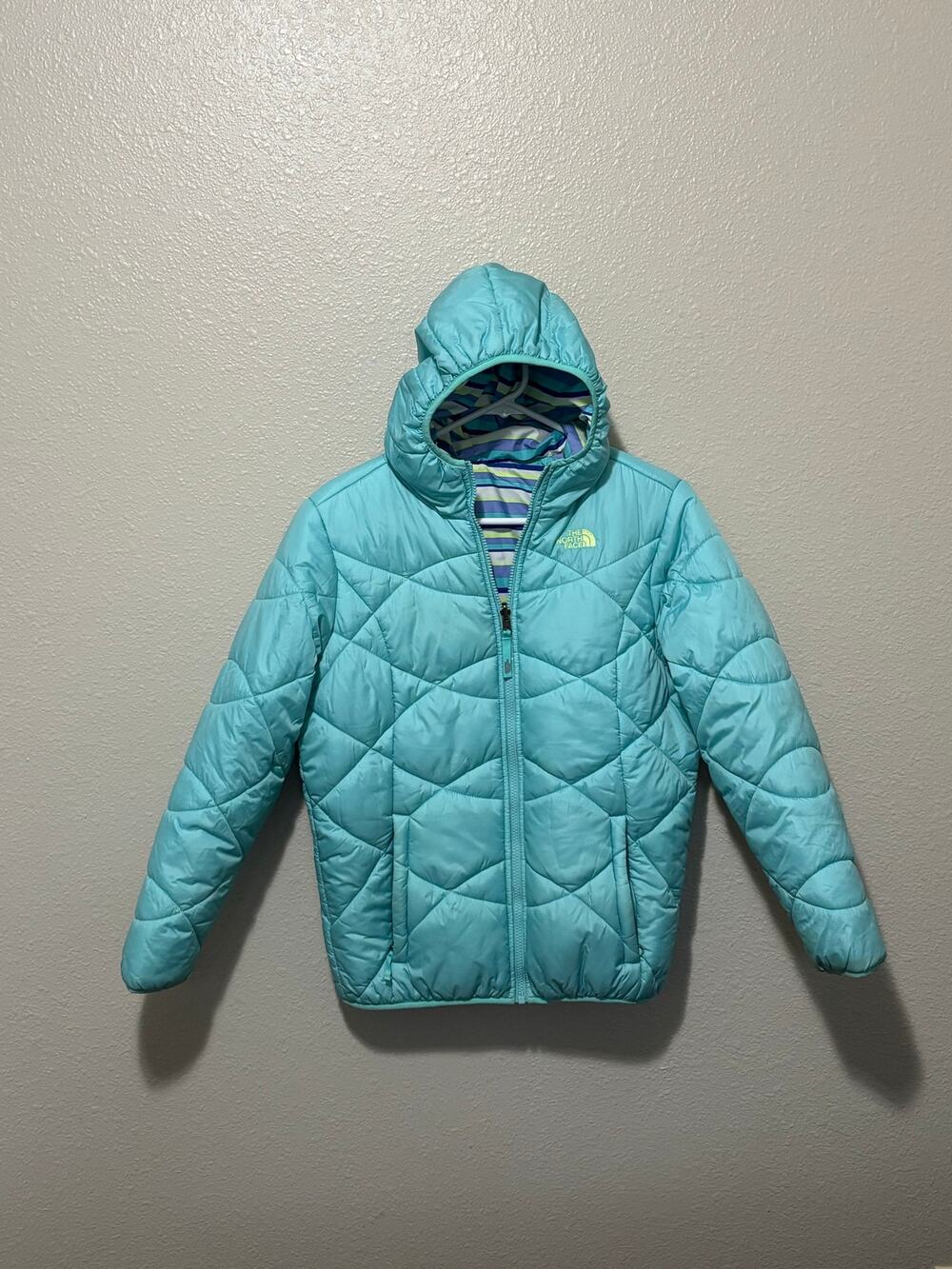 Girls North Face Perrito Hooded Down Puffer Reversible Jacket Coat, size XL 18